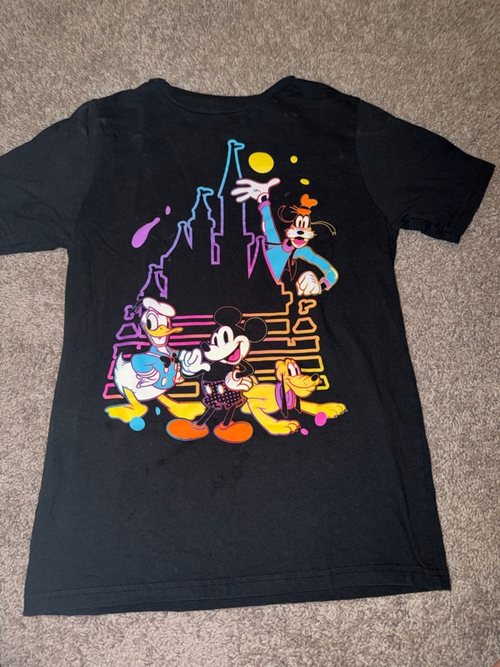 Disney Black Tee with Neon Mickey, Donald, Goofy & Pluto